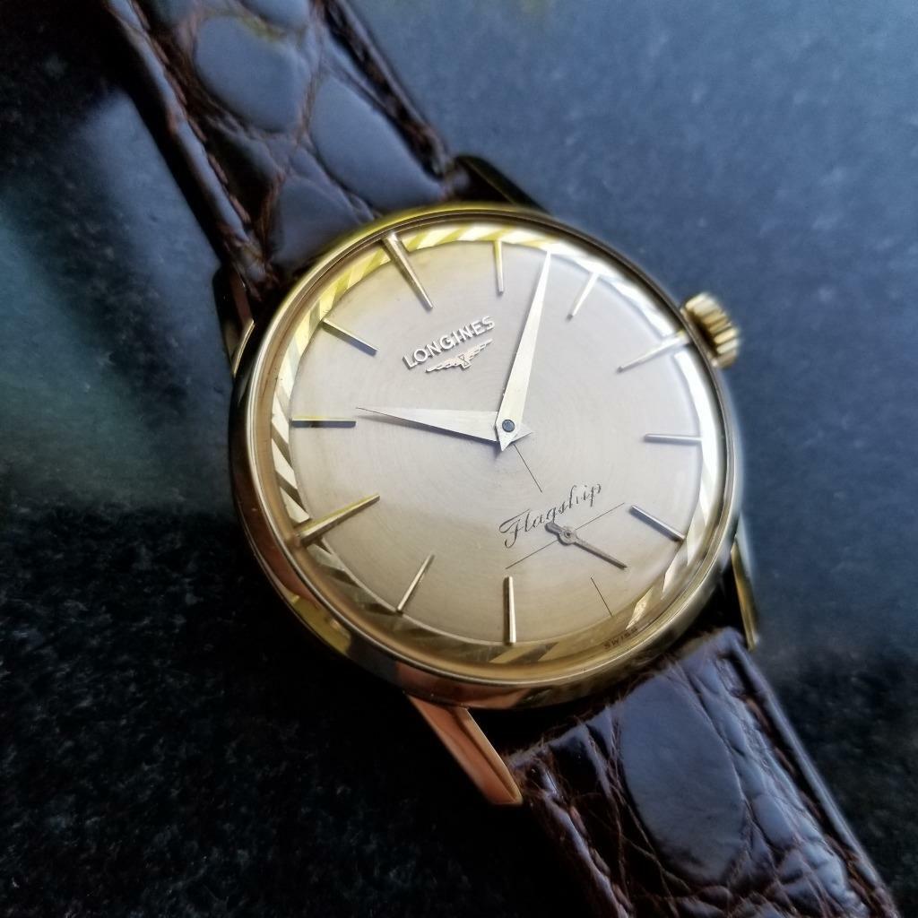 Longines Flagship Manual Vintage 18k Yel Gold 1960s: Vintage Unique 34mm Longines Original Flagship 18k Solid Yellow Gold Manual wind 1960s watch rare subdial and beautiful gold twisted bezel design on new brown crocodile strap in excellent condition. S