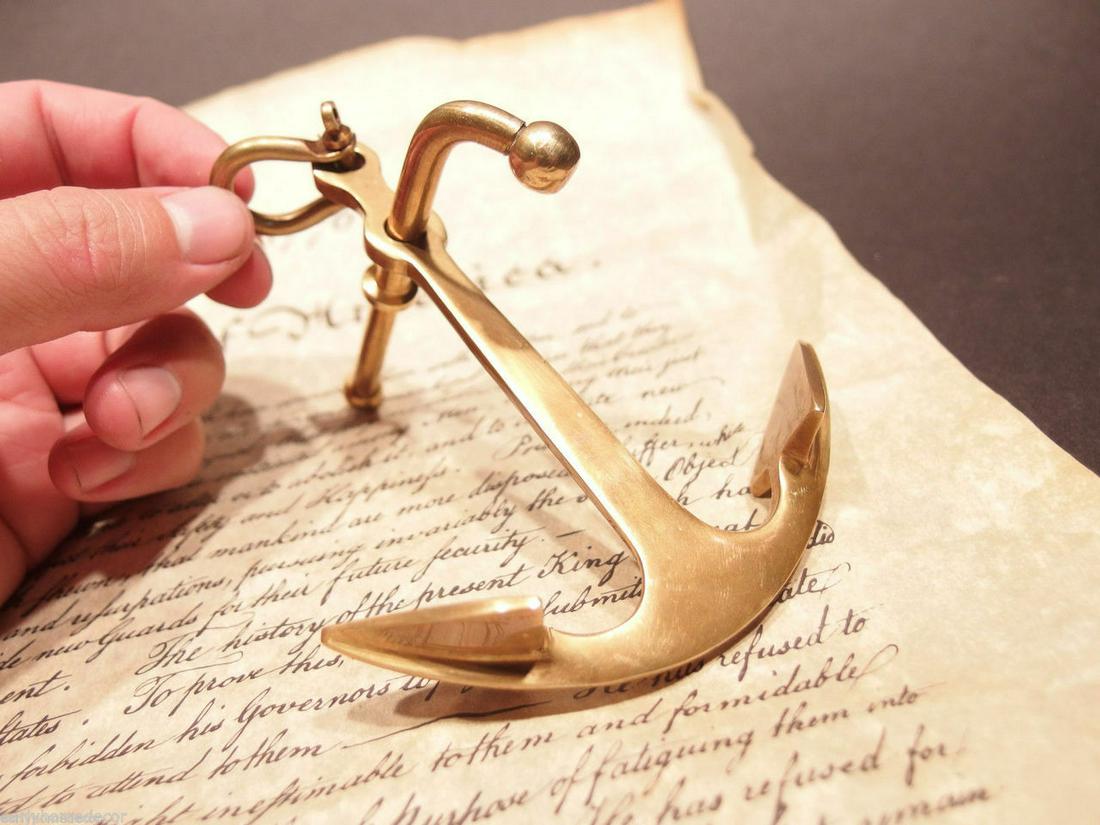 Brass Nautical Ships Boat Anchor Paperweight: 5" long x 4" Wide Very accurate and well made reproduction of an antique paperweight. All solid brass, darkened to look old. Certainly easy to wonder its age Reserve: $10.00 Shipping: Domestic: Flat-r