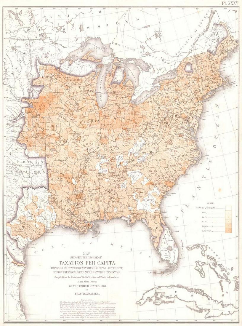 Map Showing Degree of Taxation Per Capita, Imposed by: Title: Map Showing Degree of Taxation Per Capita, Imposed by State, County Or Municipal Authority, Within the Fiscal Year Nearest the Census Year. Date: 1874 Cartographer: WALKER, FRANCIS A. Publisher