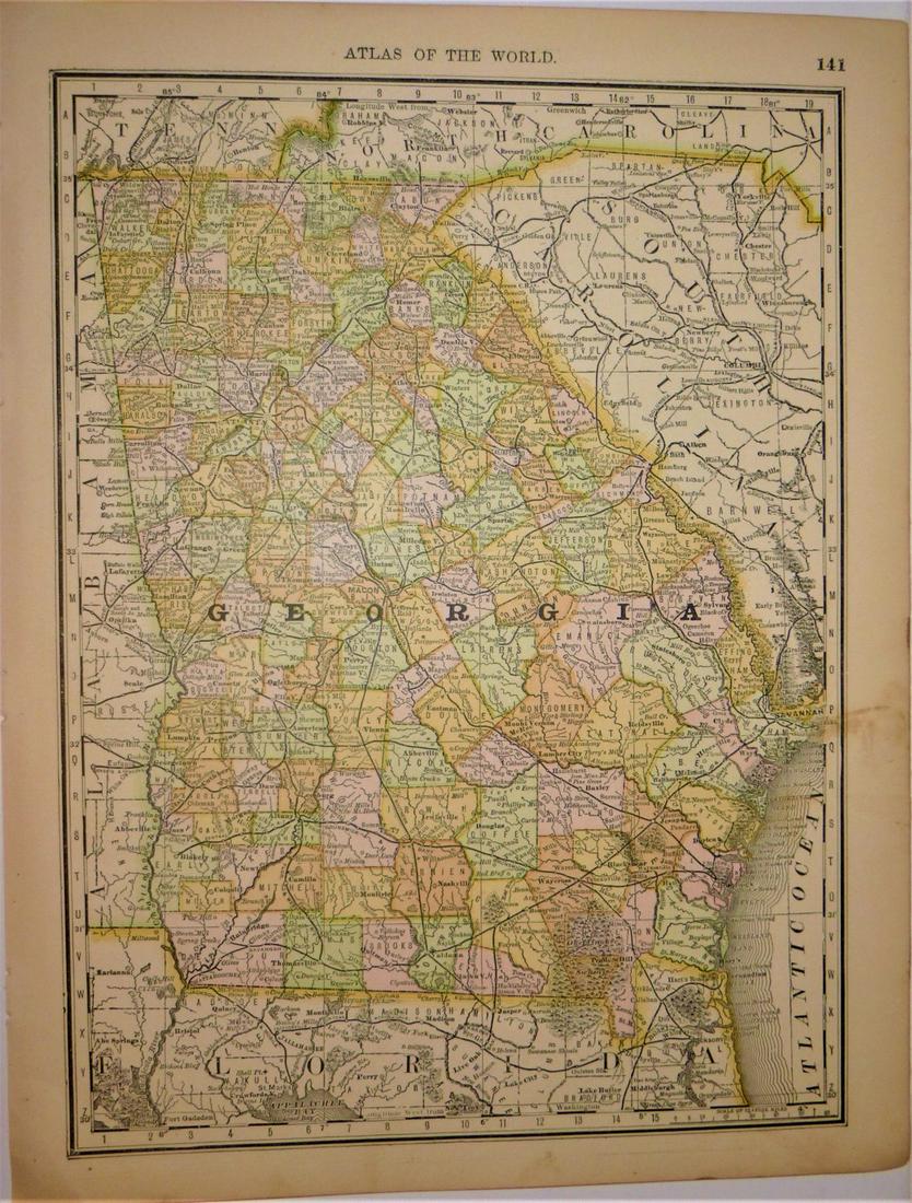 Georgia 1888: Title/Content of Map: Georgia Date Printed: 1888 Material/Medium: paper Size: approx 11x14 inches Additional Info: John C. Lonngren & Son Standard Atlas of the World Reserve: $20.00 Shipping: Domestic
