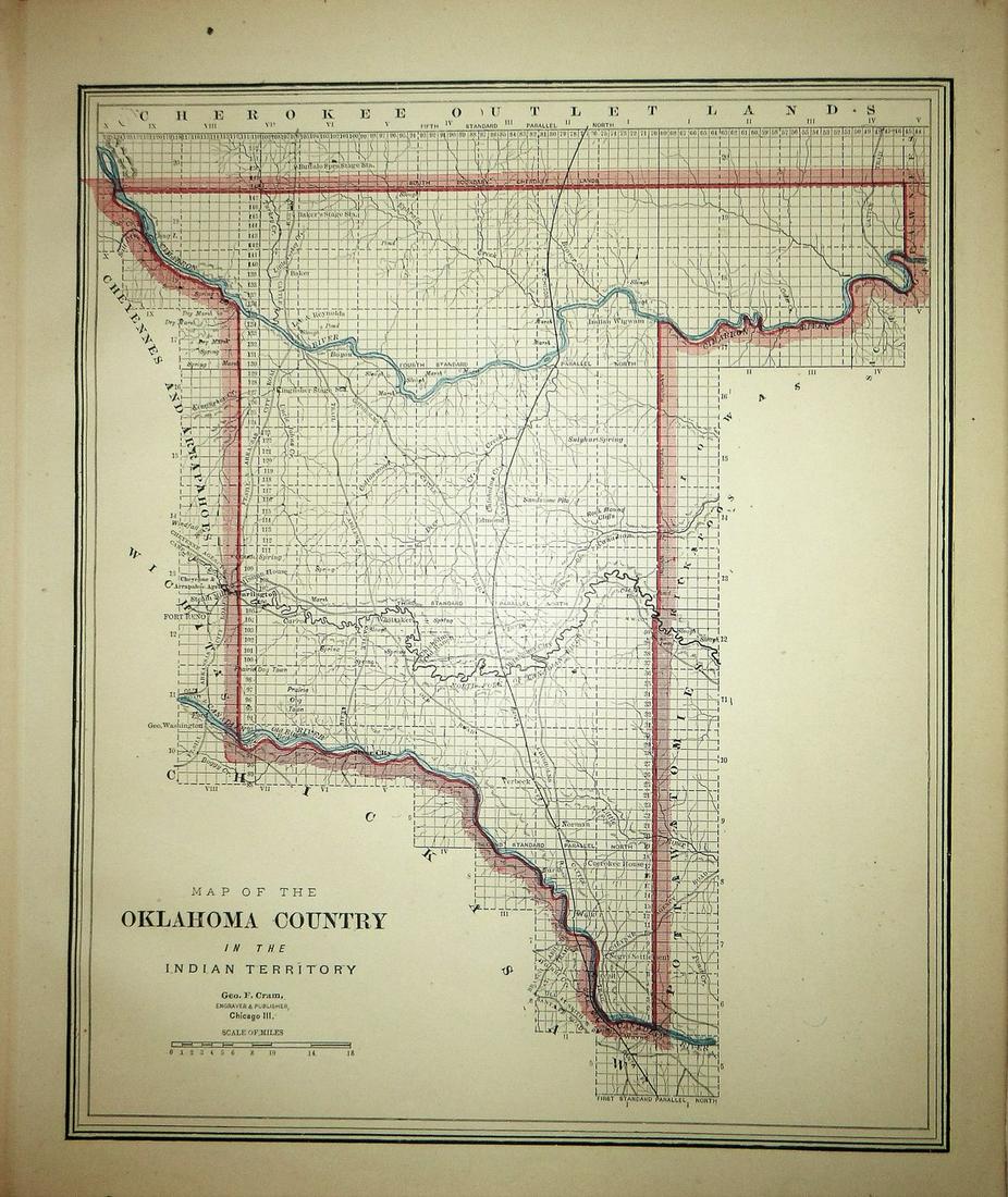 Oklohoma Country 1886: Title/Content of Map: Oklohoma Country 1886 Date Printed: 1886 Material/Medium: Paper Size: approx 11x13.5 inches Additional Info: The People's Family Atlas of the World, Chicago Reserve: $20.00 Shipp