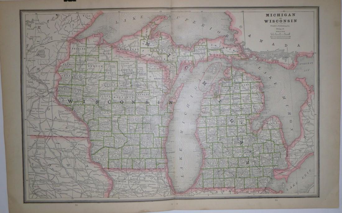 Michigan, Wisconsin 1886: Title/Content of Map: Michigan, Wisconsin 1886 Date Printed: 1886 Material/Medium: paper Size: approx 13.5x21 inches Additional Info: The People's Unrivaled Family Atlas of the World. People's Publish