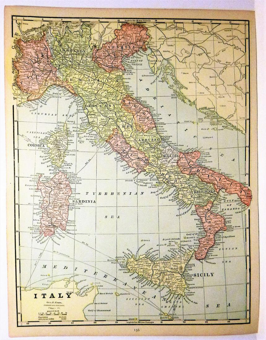 Italy 1891: Title/Content of Map: Italy 1891 Date Printed: 1891 Material/Medium: Paper Size: approx 11x14.5 inches Additional Info: Cram's Atlas of the World. Geo. F. Cram, Chicago Reserve: $20.00 Shipping: Domes