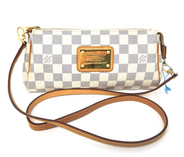 Louis Vuitton Eva Damier Azur Cross Body Bag: We offer this 100% Authentic Louis Vuitton Damier Azur Eva Crossbody Bag. The Eva bag is now discontinued by Louis Vuitton. It is perfect for the spring and summer months and easy to carry with the lo