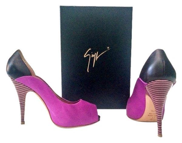 Giuseppe Zanotti Purple Stiletto Pumps Open Toe Shoes: Giuseppe Zanotti Pumps, Excellent Condition, VERY Gently used. Includes Original Box and Dustbag. Gorgeous shoes!! Made in Italy. The front foot area is made of purple satin fabric, very soft to the t