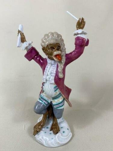 Monkey Band Figurine porcelain Dresden Germany by Carl: Monkey Band Figurine porcelain Dresden Germany by Carl Schneider. Porcelain figurine of the conductor was made by maker Carl Schneider Dresden. It dates to the late 19th or early 20th century. The pla