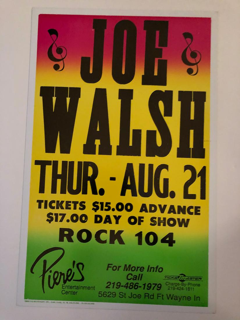 JOE WALSH at PIERE’S ENTERTAINMENT CENTER: Title: JOE WALSH at PIERE’S ENTERTAINMENT CENTER Additional Information: JOE WALSH at PIERE’S ENTERTAINMENT CENTER. Reserve: $50.00 Shipping: Domestic: Flat-rate of $16.69 to anywhere within the c