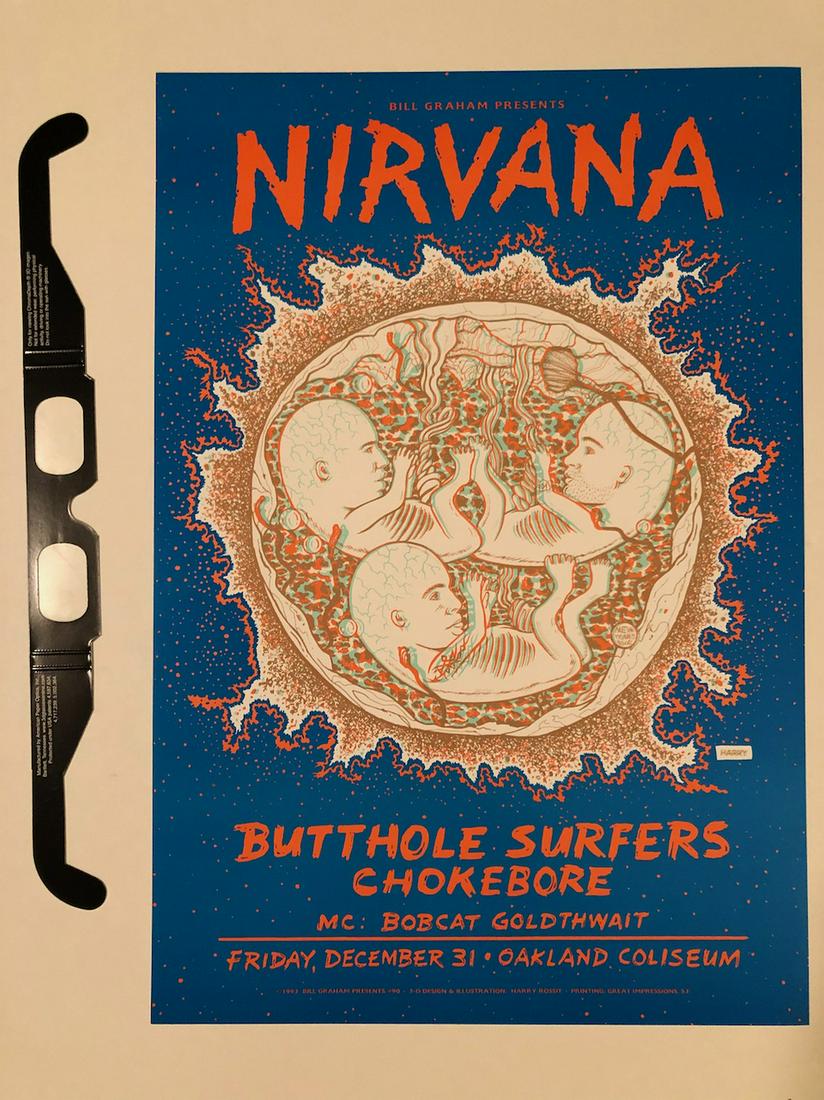 NIRVANA 3D POSTER: Title: NIRVANA 3D POSTER Additional Information: New Year's Eve 1993 at the Oakland Coliseum was a night of music by like-minded bands plus a nightclub comedian known for his grating, goofball persona