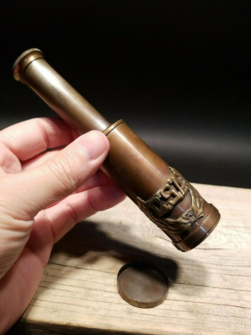Brass Civil War CSA Traveling Pocket Telescope: Telescope measures 3 3/4" Long closed x 6 1/4" open Nice quality reproduction of a traveling pocket telescope and cap. This piece is all brass with a CSA design on it. While its not super strong it do