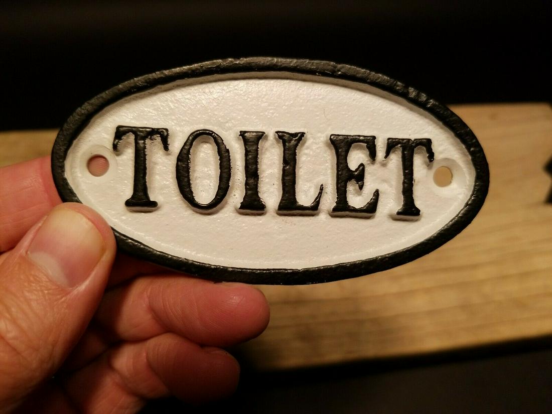 Cast Iron Bathroom Retro Men & Ladies Toilet Sign: 4" long x 2" tall Nice vintage reproduction cast iron "Toilet" door sign. Reserve: $15.00 Shipping: Domestic: Flat-rate of $5.00 to anywhere within the contiguous U.S. International: Foreign shipping