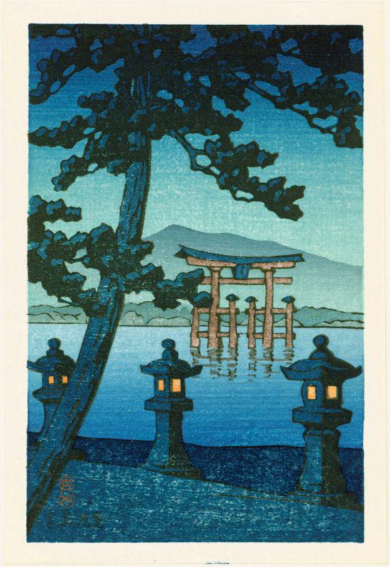 Kawase Hasui Japanese Woodblock Print - Evening at: Kawase Hasui Evening at Miyajima Date: 1930s-50s. Size: Approximately 5.75 x 3.75 inches. Print is tipped along its top edge to an original card. Hasui oval seal and title at lower left. Publisher: Wa
