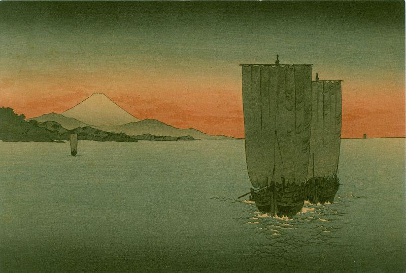 Shoda Koho Japanese Woodblock Print - Sunset on Suruga: Shoda Koho Sunset on Suruga Bay This is the creped edition on thick paper. Size: Chuban. Approximately 10.75 x 7.25 inches. Date: 1900s-1910s. Publisher: Hasegawa Takejiro Marginless and unsigned as o