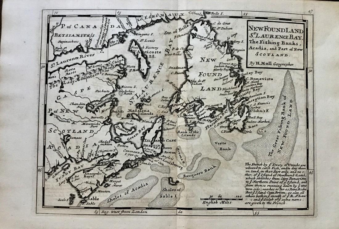 Newfoundland. St. Laurence Bay: Title: Newfoundland. St. Laurence Bay Description: By. H. Moll. From. atlas minor. Published. London. Date/Period: 1729-1736 Materials: Copperplate engraved Dimensions: 13 1/2 x 9” Reserve: $50.00 S