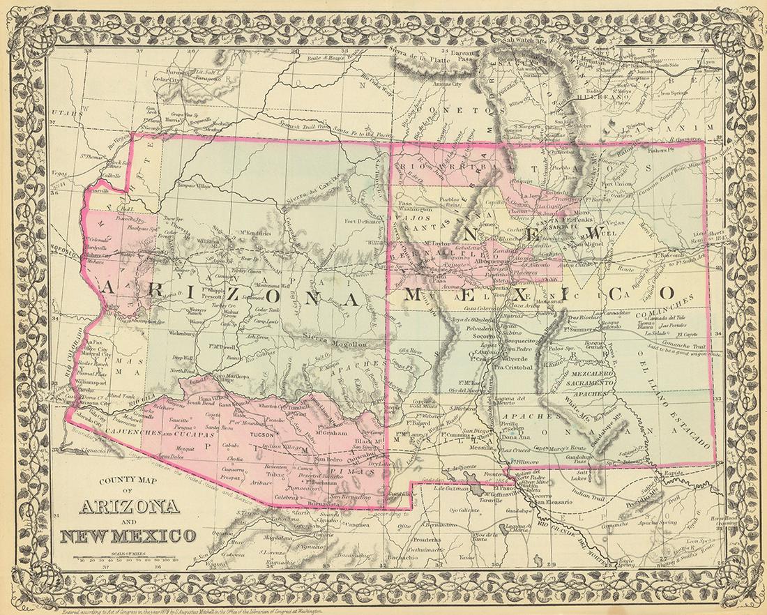 County Map of Arizona and New Mexico: Title: County Map of Arizona and New Mexico Prublication Date: 1879 Cartographer: MITCHELL, S.A. Publisher: MITCHELL, S.A. Size: 11.2Height - 14.3Width Additional Information: Colored by county (5 in 