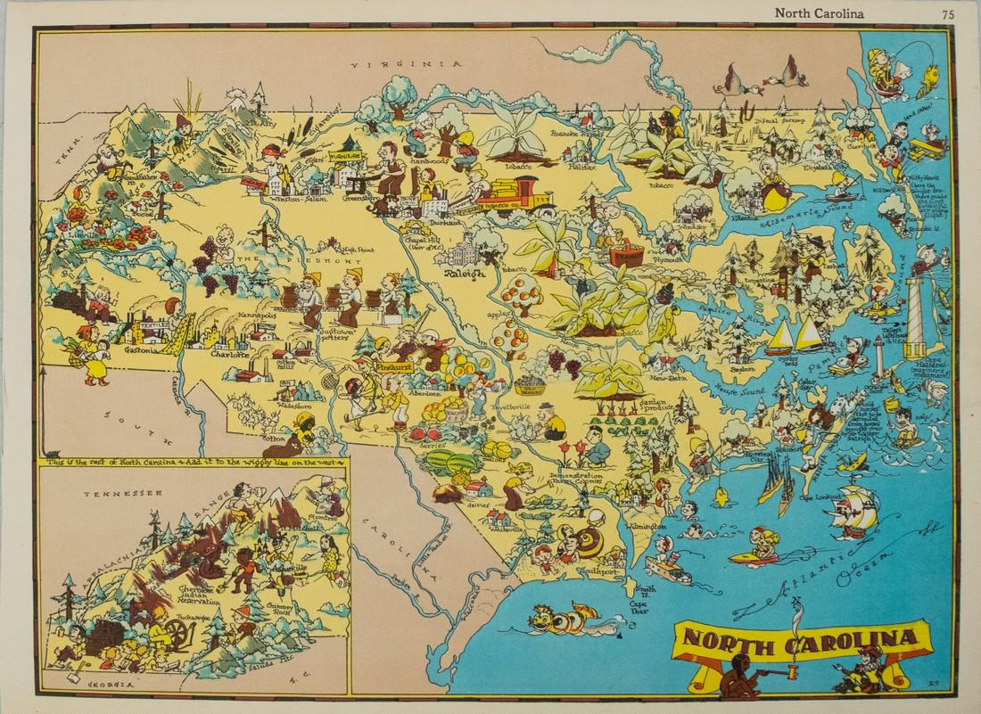 1938 R Taylor White Pictorial Map of North Carolina --: Title: 1938 R Taylor White Pictorial Map of North Carolina -- North Carolina Date: 1938, Boston Cartographer: Ruth Taylor White Size: 11.6 x 8.5 in. Additional Information: This is Ruth Taylor White's