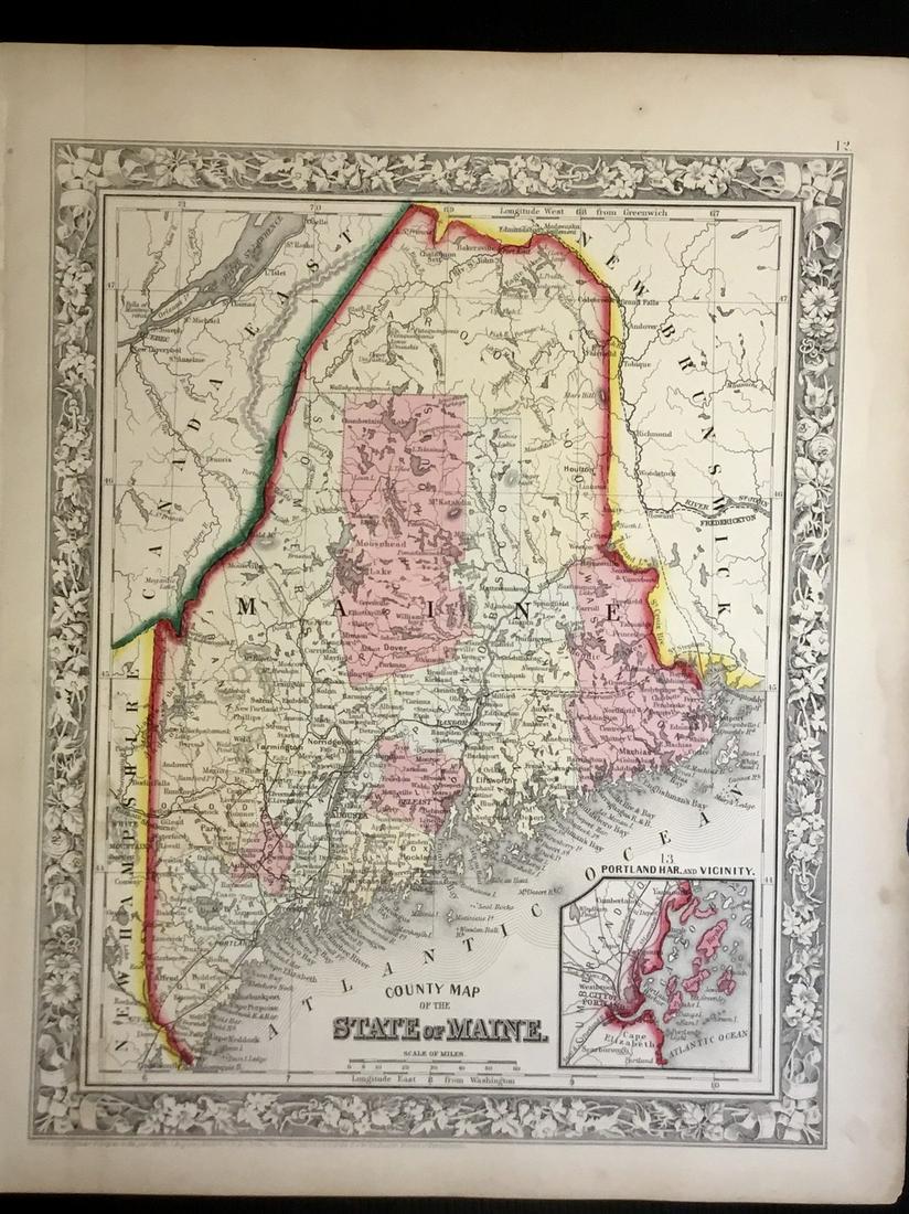 Maine: Title: Maine Description: By Augustus S. Mitchell. Hand colored engraved map. From ‘the New General Atlas’. Published in Philadelphia. Date/Period: 1862 Materials: steel engraved Dimensions: 15 1/