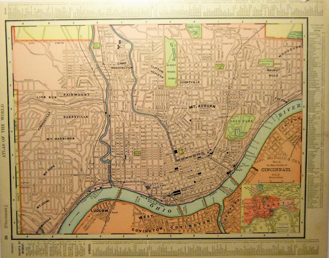 Cincinnati 1900: Title/Content of Map: Cincinnati 1900 Date Printed: 1900 Material/Medium: Paper Size: approx. 11x14 inches Additional Info: Rand McNally & Co. Universal Atlas of the World Reserve: $20.00 Shipping: Do
