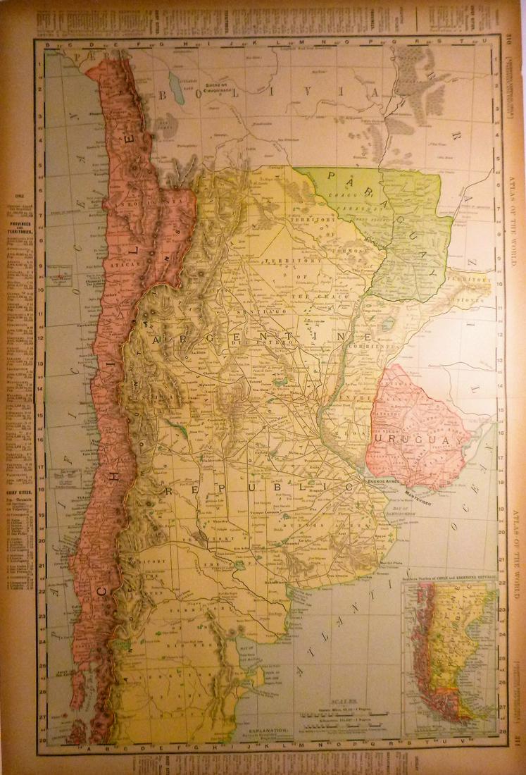 Argentine Republic 1896: Title/Content of Map: Argentine Republic 1896 Date Printed: 1896 Material/Medium: Paper Size: 14x21 inches Additional Info: Rand McNally & Co. Universal Atlas of the World Reserve: $25.00 Shipping: Do