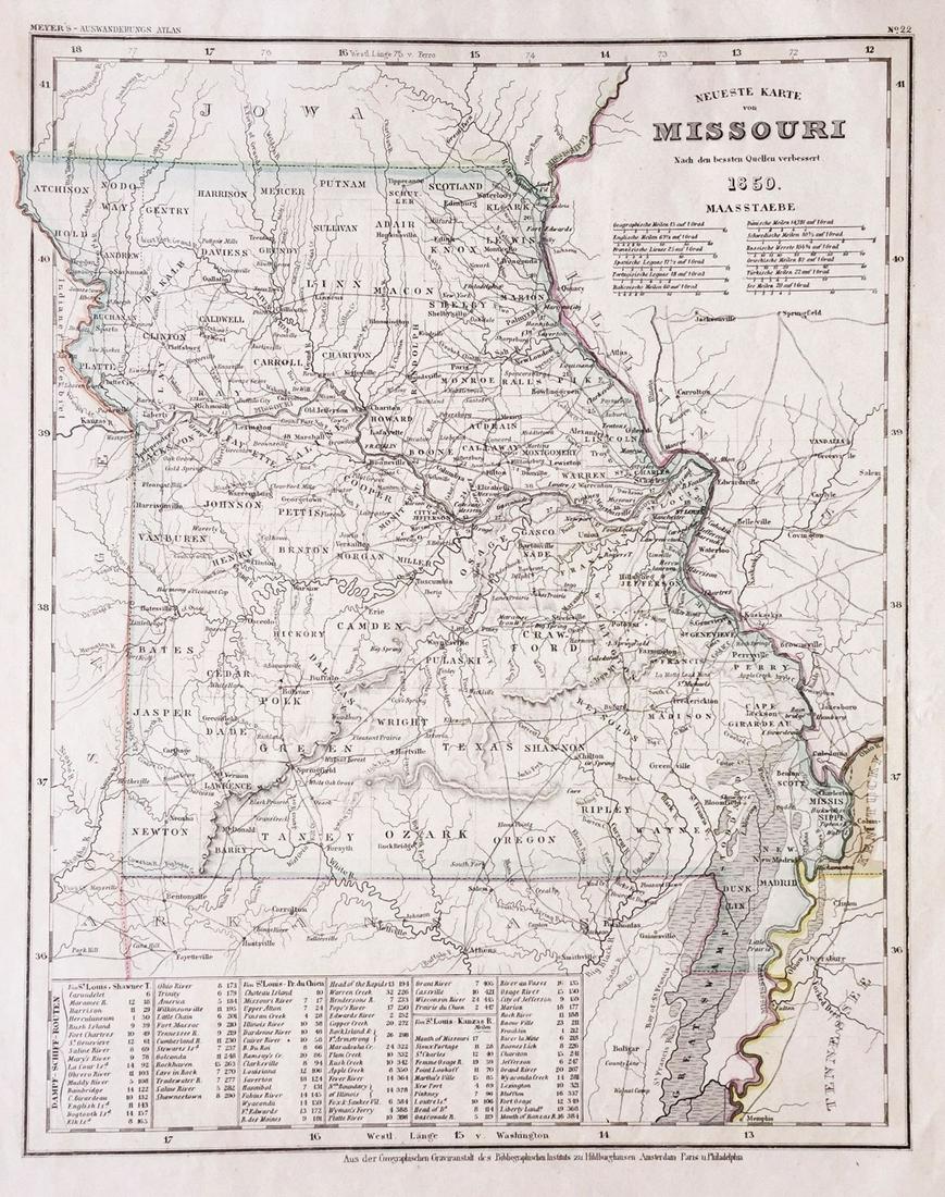 Meyer: Missouri, 1850: The beautifully detailed and colored map of Missouri, from Meyer's Auswanderungs-Atlas (Emigrant's Atlas) of North America. . Includes steamship routes between St. Louis and Shawnee Town, Prairie du C