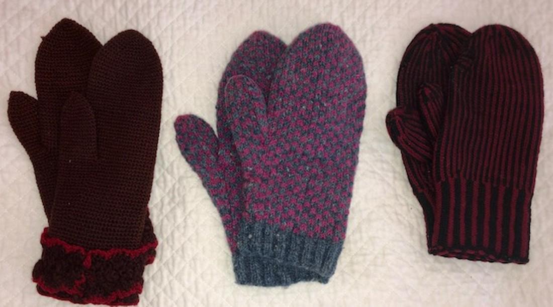 Lot of three Amish/Mennonite mittens: No Reserve! Title: Lot of three Amish/Mennonite mittens Provenance: The striped pair has a couple of patched holes and some discoloration from where. Approximately 9 1/2 inches in length. Shipping: Do