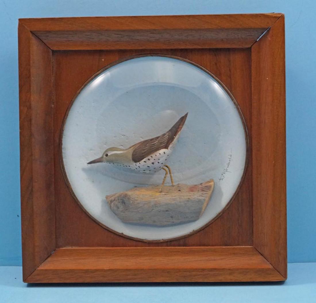 Antique Decorative Sandpiper Carving in Diorama: Title: Antique Decorative Sandpiper Carving in Diorama Date/Period: Circa 1950’s. Dimension: 7 3/8" Height x 7 3/8" Width x 1 1/2" Depth. Provenance:Decorative carving, Sandpiper on Driftwood Dioram
