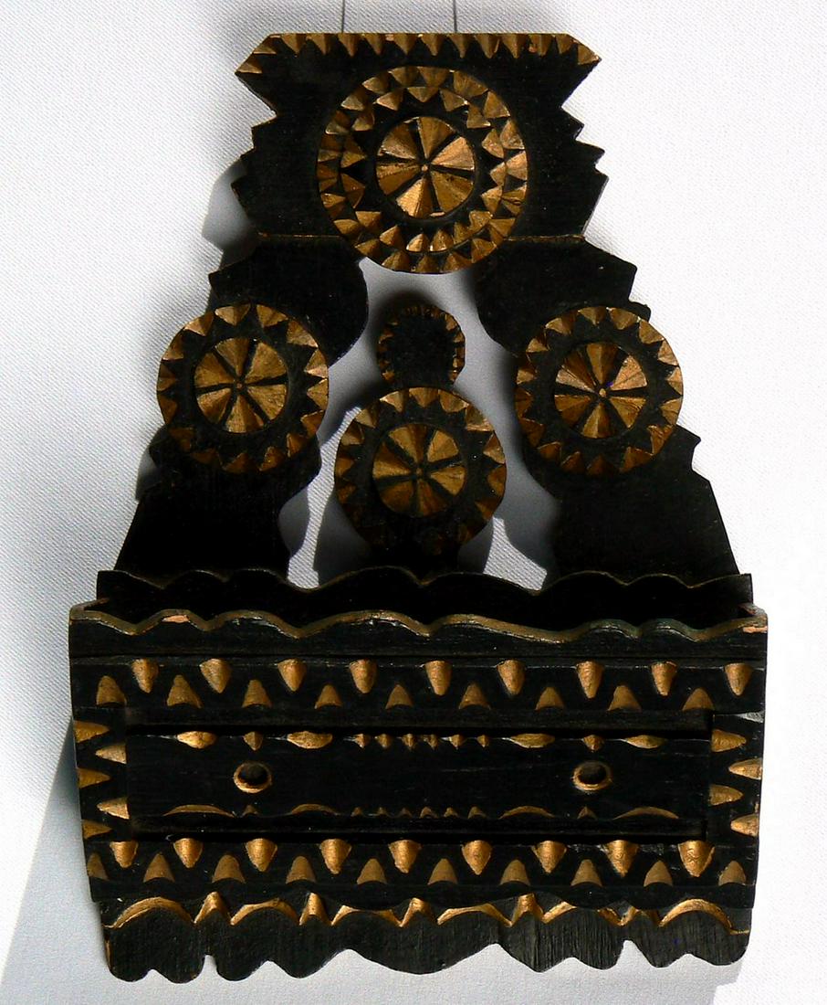 A Tramp Art Wall Box In Black And Gold Paint (1 of 6)