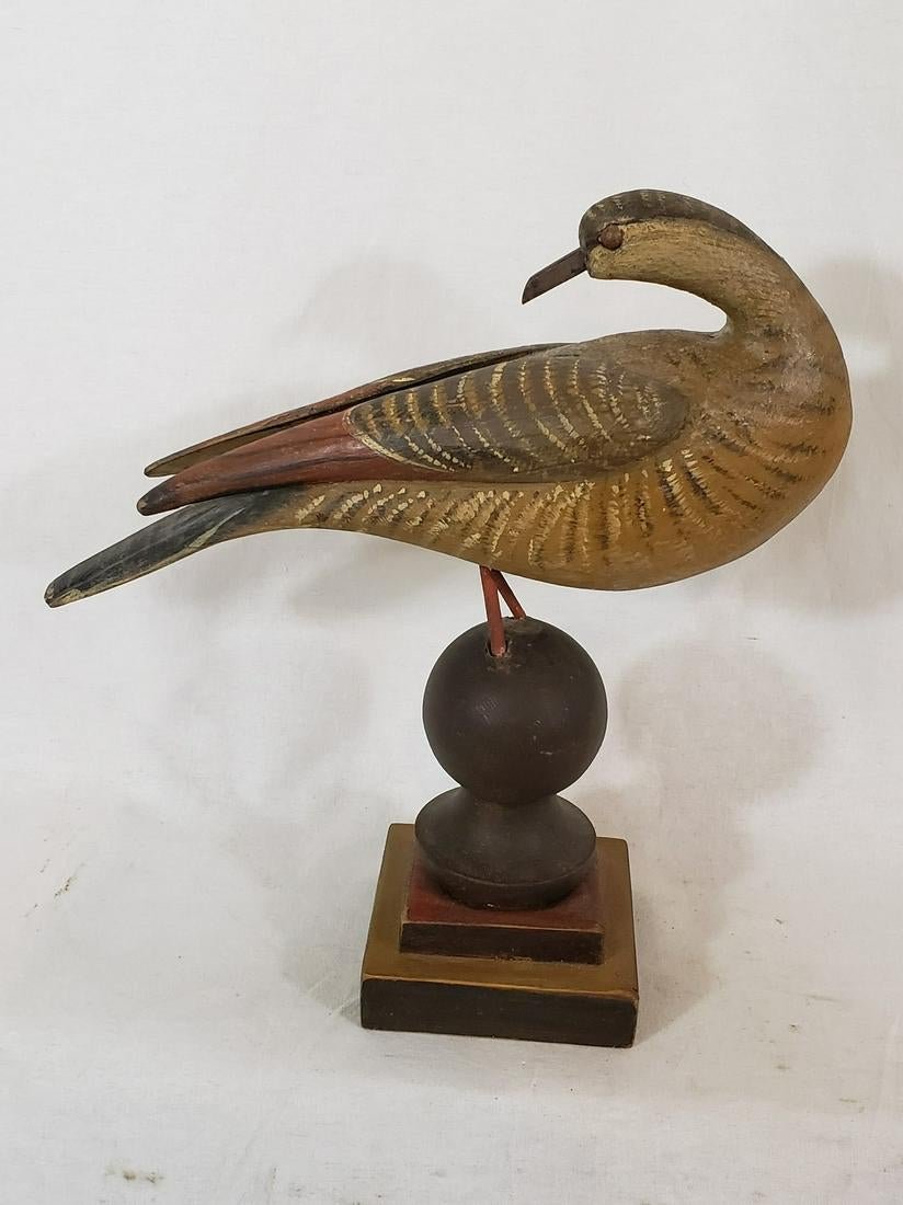 Carved and painted dove on mount ca 1940: Title: Carved and painted dove on mount ca 1940's Dimension: 9" long x 10" high Provenance:Signed on bottom Inca Dove, R D Wilson, Mineola, Texas. Excellent condition with no loss or repairs. Shipping