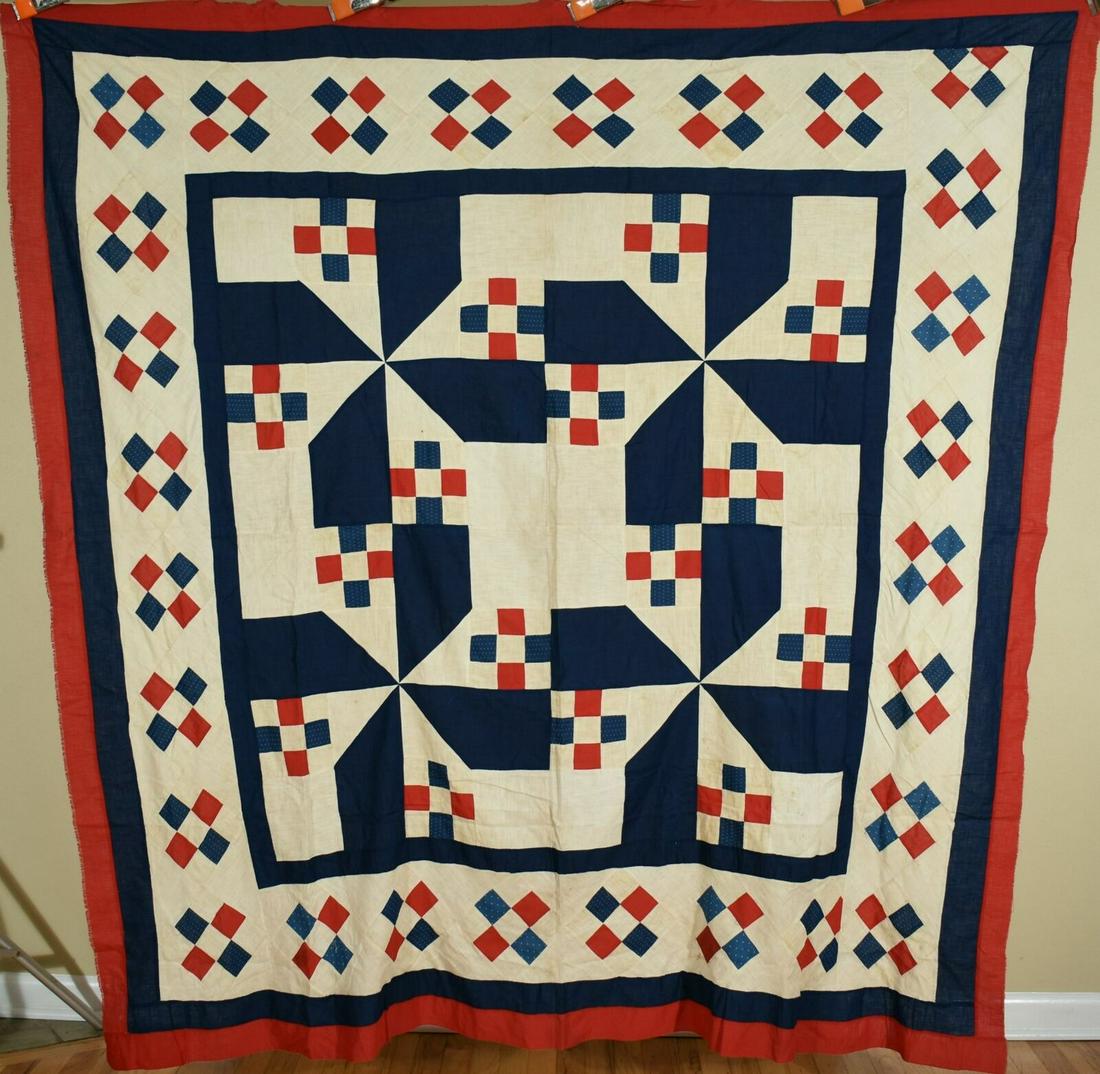 Red, White & Blue 9-Patch Pinwheel Antique Quilt Top (1 of 6)