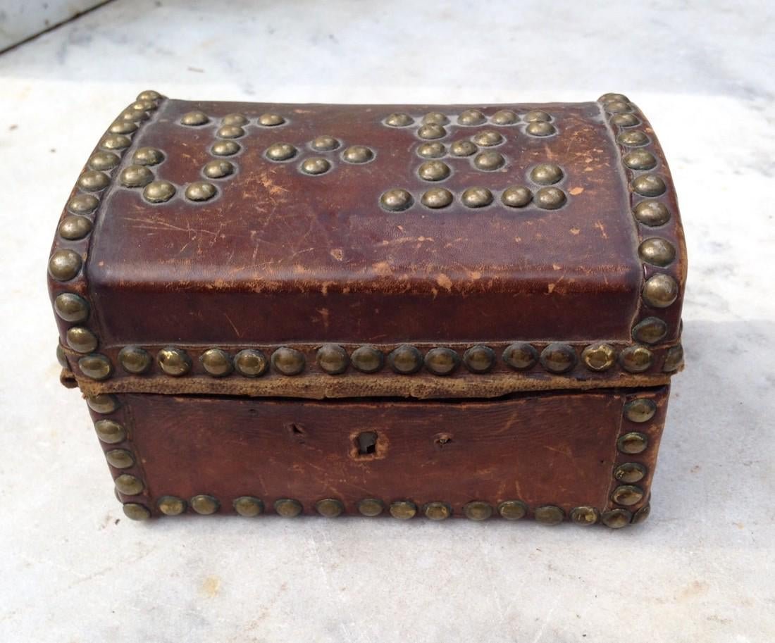 C 1850 Leather Covered Wooden Domed Top Small Box. (1 of 8)
