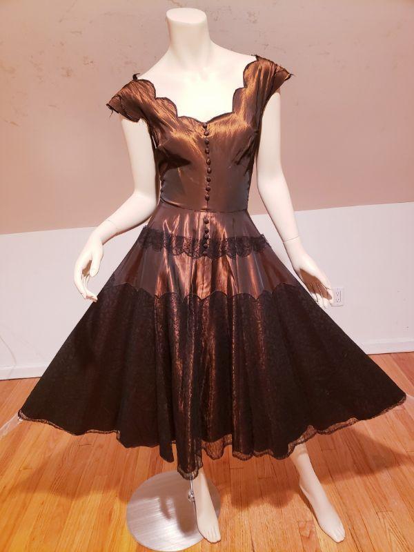 Vtg Frank Starr /Ted Shore Bronze Sharkskin w/Chantilly: This one is Amazing and rare by Frank Starr/Fred Shore Original. Shantung Sharkskin with Chantilly lace throughout the skirt and bodice. In Good vintage condition Except for the outer sleeves that wou