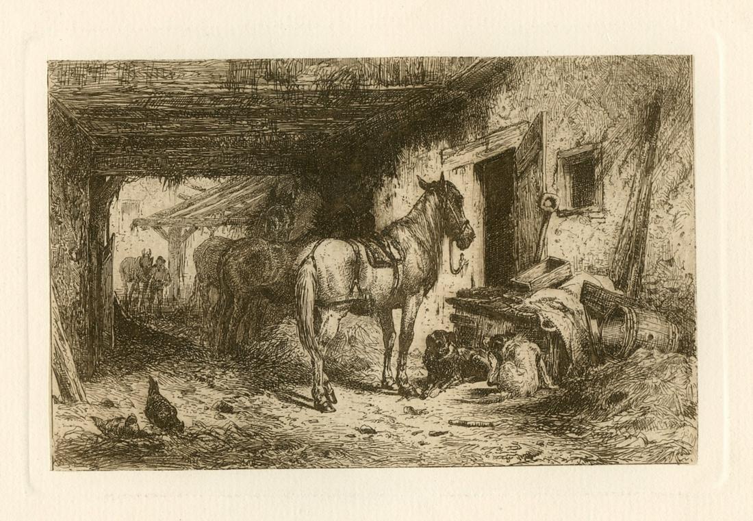 Peter Moran original etching "Noonday Rest": Medium: original etching. A nice impression on cream laid paper, published for the American Art Review in 1880; the American Art Review was a lavishly produced revue featuring original etchings by Mor
