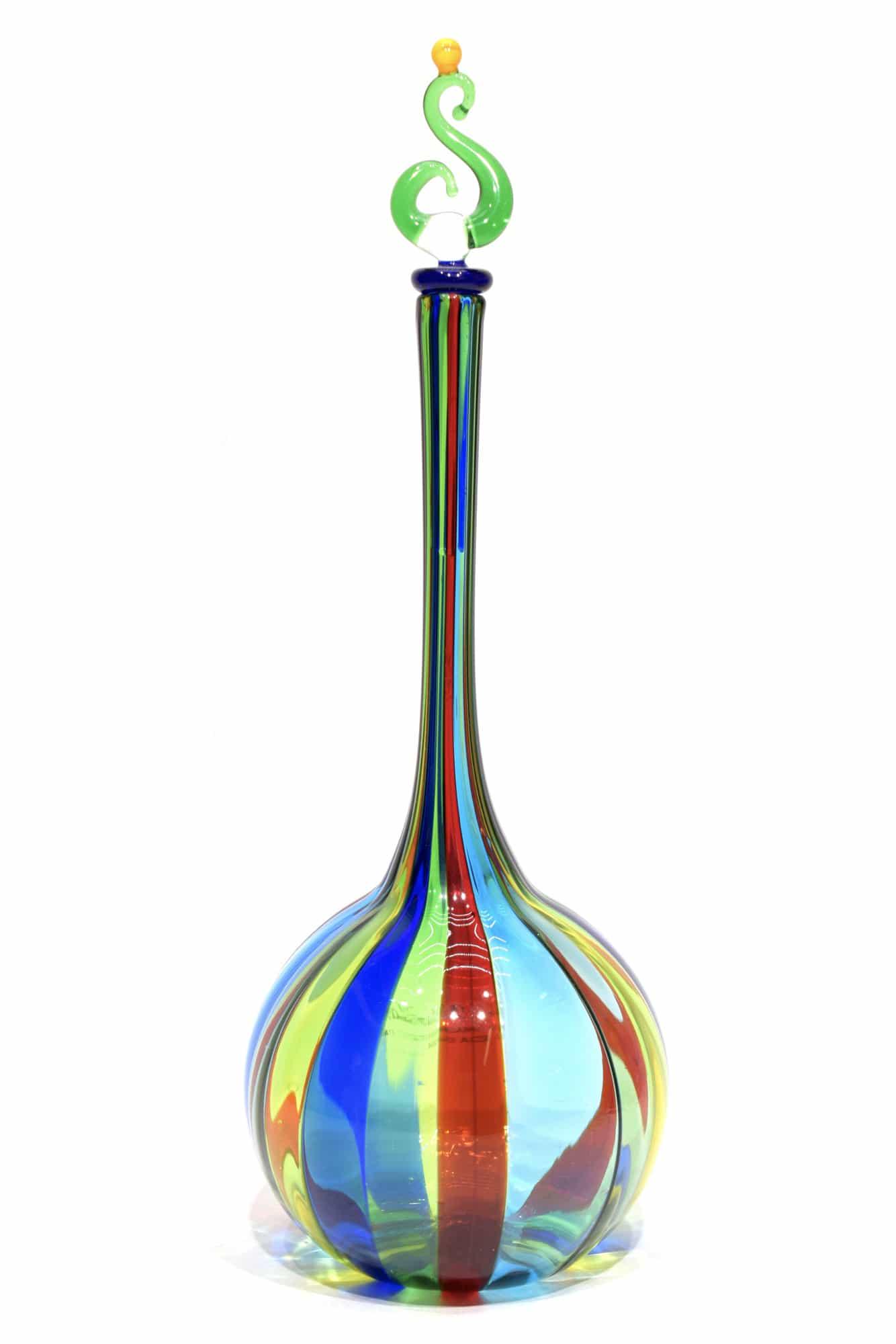 Murano glass bottle with canne: Title: Murano glass Bottle pezzato Maker: Angelo Ballarin Orgin: Murano Date/Period: 2017 Marterials: glass Size: 16,5 x 10 cm 140 gramsGlass bottle pezzata, made by glass master Ballarin. Item signed