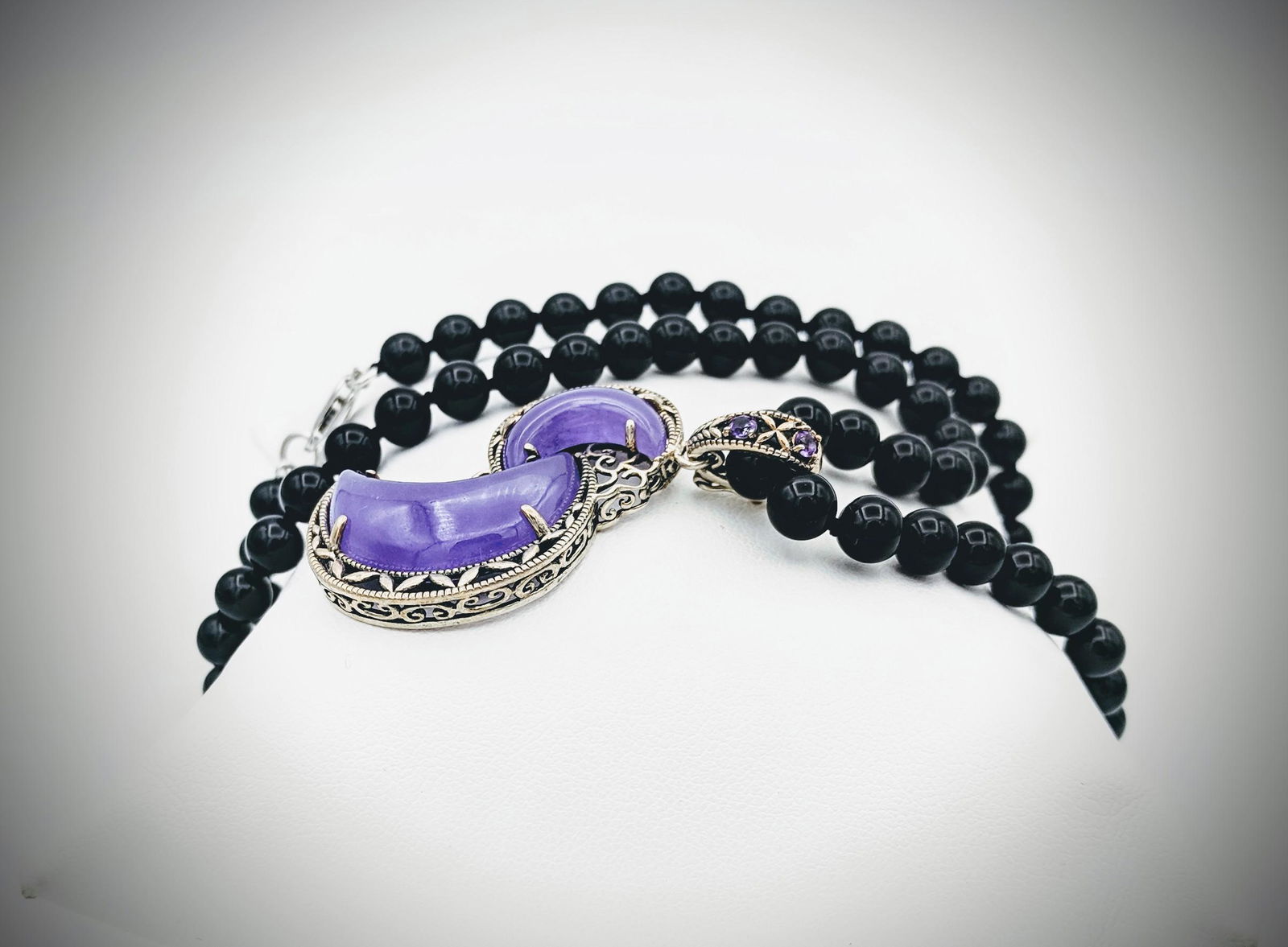 Beaded Black Onyx w Violet Jade & Amethyst Necklace (1 of 3)