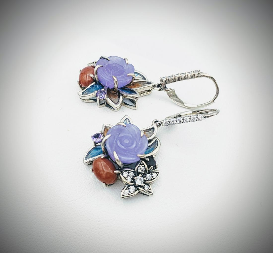 Rose Designed Earrings w Violet Jade, Jasper, Red (1 of 4)