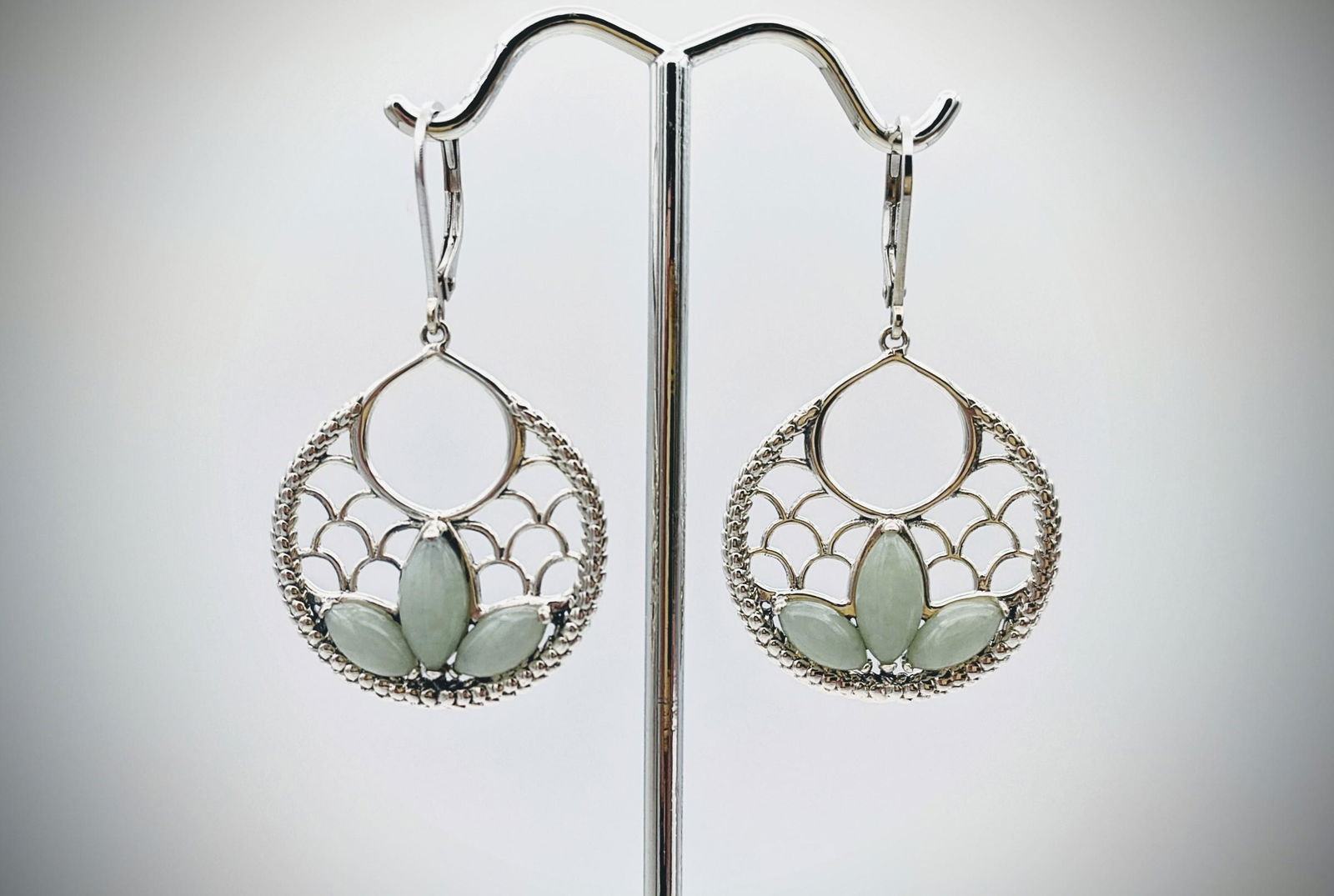 Sterling Silver Three Marquis Shaped Jade Earrings (1 of 3)