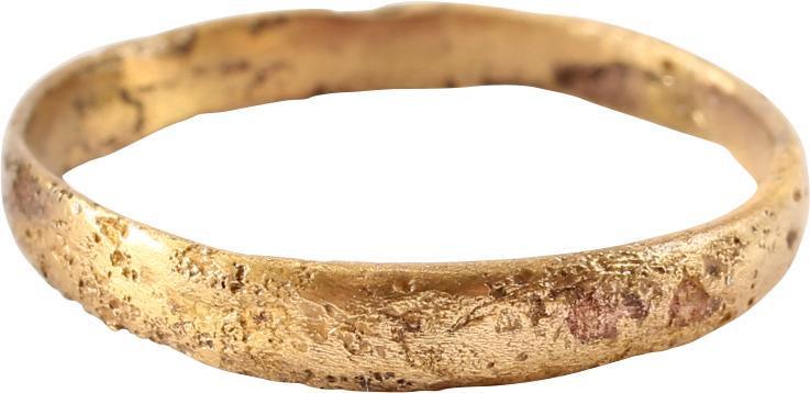 ANCIENT VIKING WEDDING RING 9TH-10TH AD SZ 7 3/4: Gilt bronze. 2.1mm width, with rounded face. The inside showing tool finishes from having been cast with a core, later removed for finishing and wear. Size 7 3/4. A light texture from burial. Vikings 