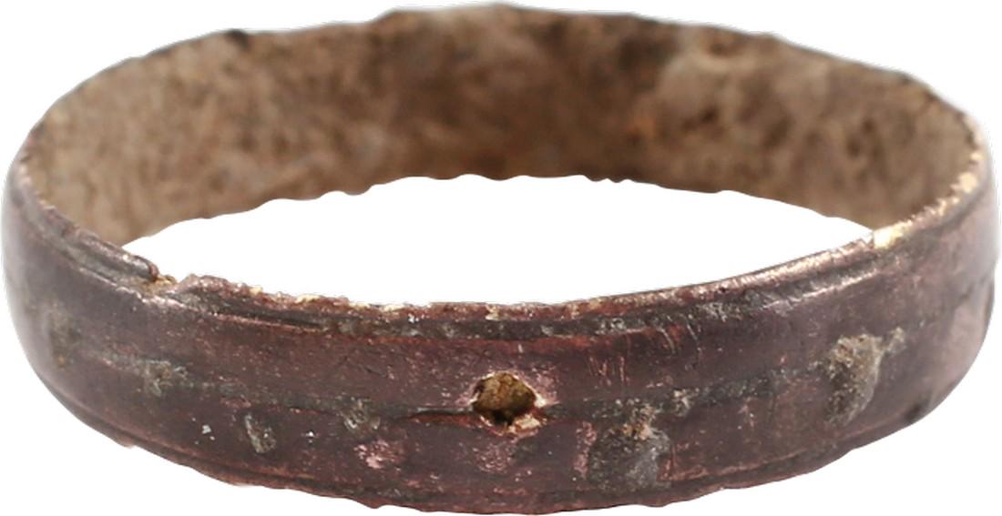 RARE COPPER VIKING WEDDING RING, 900-1050 AD, SIZE 7: No Reserve! Wide 4.1mm width. Slightly rounded face with a medial line around. Bright red/brown patina. Vikings were expert metallurgists. The use of pure copper is rare and suggests a supernatural si