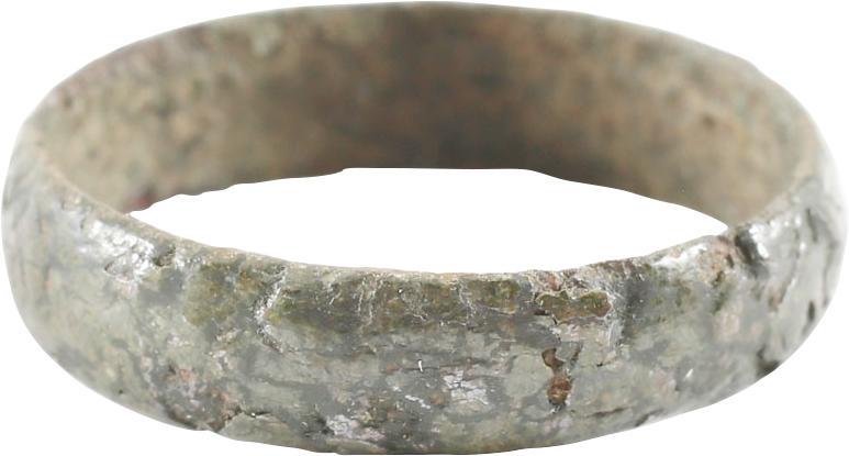 RARE VIKING WEDDING RING C.850-1050 SIZE 10 ¾.: No Reserve! Bronze, rounded face band with fine glossy green patina. Size 10 3/4 and broad 5.2mm width. Untouched as found condition with surface textured/eroded from burial. Gift boxed with certifica