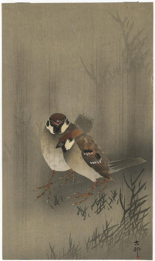 Title: Koson: Two Sparrows in a Rain Shower Artist:: Title: Koson: Two Sparrows in a Rain Shower Artist: Ohara Koson (1877-1945) Series: Publisher: Daikoku-ya Date:Early 20th century Medium:Japanese Woodblock Print Size/Format:31.8 x 18.2 cm Reserve: $3