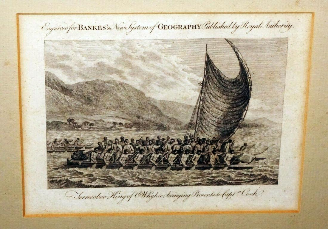 1788 Print King Owyhee Presents Cpt Cook Webber: Up for sale from a recent consignor in Honolulu Hawaii, this 1788 English black and white engraving that is titled Tereoboo, King of Owyhee, bringing presents to Capt. Cook.. Scene of Hawaiian men pad