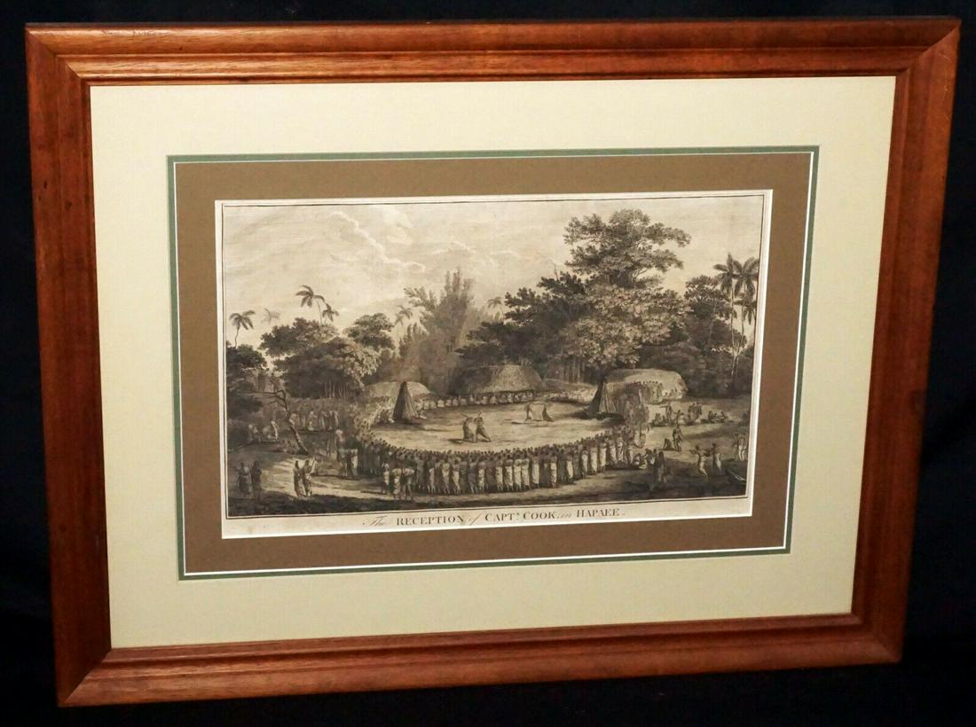 1790 Engraving Capt Cook Hawaii John Webber: Up for sale from a recent estate in Honolulu Hawaii, this original 1790 English Hawaiian Koa wood framed engraving that is titled "The Reception of Captn Cook in Hapaee and is from of the Cook voyages
