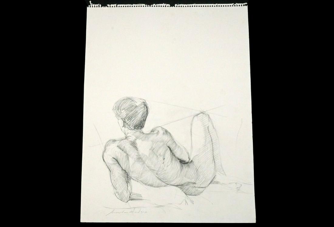 Charcoal Drawing Male Nude by Snowden Hodges: Up for sale from a well known collector in Honolulu this contemporary unframed charcoal drawing on rag paper of nude male figure that was created by well known artist Snowden Hodges (born 1938). The c