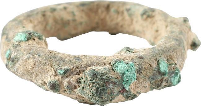 VIKING WOMAN’S WEDDING RING, 866-1067 AD SIZE 2: Copper, originally gilt, size 2 for the small finger as was the custom. 3.3mm, width low rounded face. As found condition, heavily encrusted with a small area of copper surface revealed. Vikings were 