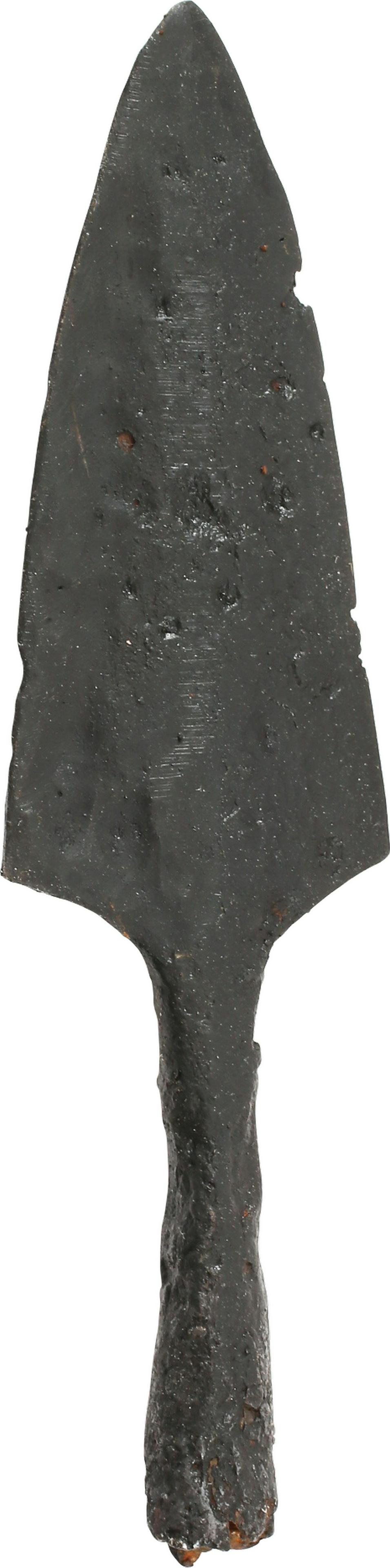 VIKING SOCKETED ARROWHEAD C.850-1050 AD.: Exceptional large example. 3 5/8” length with tapered butted seam socket, chipped along the bottom. The point with raised medial both sides. Stable professionally conserved condition. Exceptional si