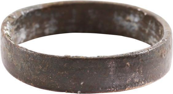 ANCIENT VIKING WEDDING RING C.850-1050 AD SZ 2 3/4: No Reserve! Bronze. 3.3mm flat face band. Size 2 3/4 for the small finger as was the custom. Exceptional preservation with fine glossy green patina. Vikings exchanged rings on the pommel of the groom�