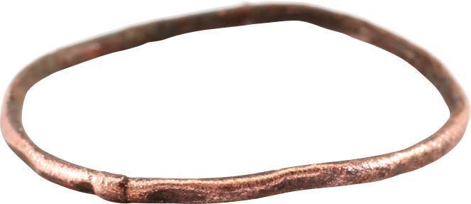 RARE ANCIENT COPPER VIKING RING, 900-1050 AD SZ 4 ¾: No Reserve! Size 4 1/4. A woman’s wedding ring for the small finger as was the custom. Exceptionally narrow band, 0.9mm, with rounded face. Mottled red/brown patina. Vikings were expert metallurgist