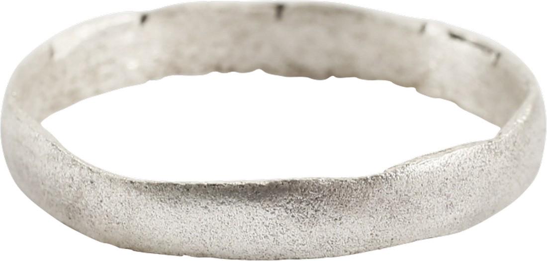 ANCIENT VIKING WEDDING RING, 10TH-11TH CENTURY Size 8: Size 8 1/4. Low rounded band, 2.9mm width Surface well preserved. Professionally refurbished with the silver surface restored. Gift boxed with certificate of authenticity. Reserve: $65.00 Shipping: Al