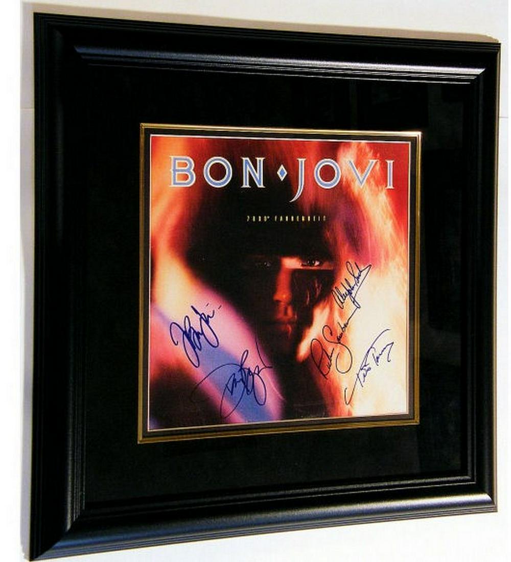 Framed Record Album 1985: Title: Framed Record Album 1985 Materials: Black Frame with UV Glass and Suede Matting Dimension: 21 1/2 x 21 1/2 Inch Description:Signed: Jon Bon Jovi, David Bryan, Richie Sambora, Alec John Such and