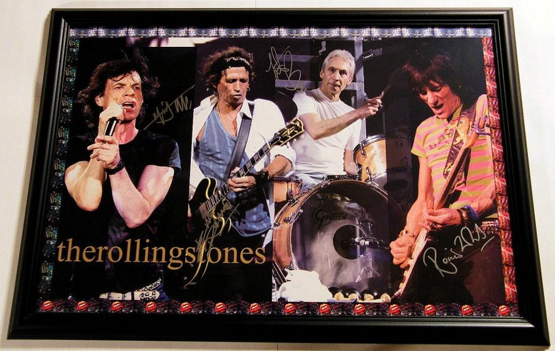 36 x 24 Inch Poster: Title: 36 x 24 Inch Poster Materials: Black Frame with UV Glass Dimension: 39 1/2 x 27 1/2 Inch Description:Rolling Stones Poster, Signed: Mick Jagger, Keith Richards, Love Charlie Watts and Ronnie Wo