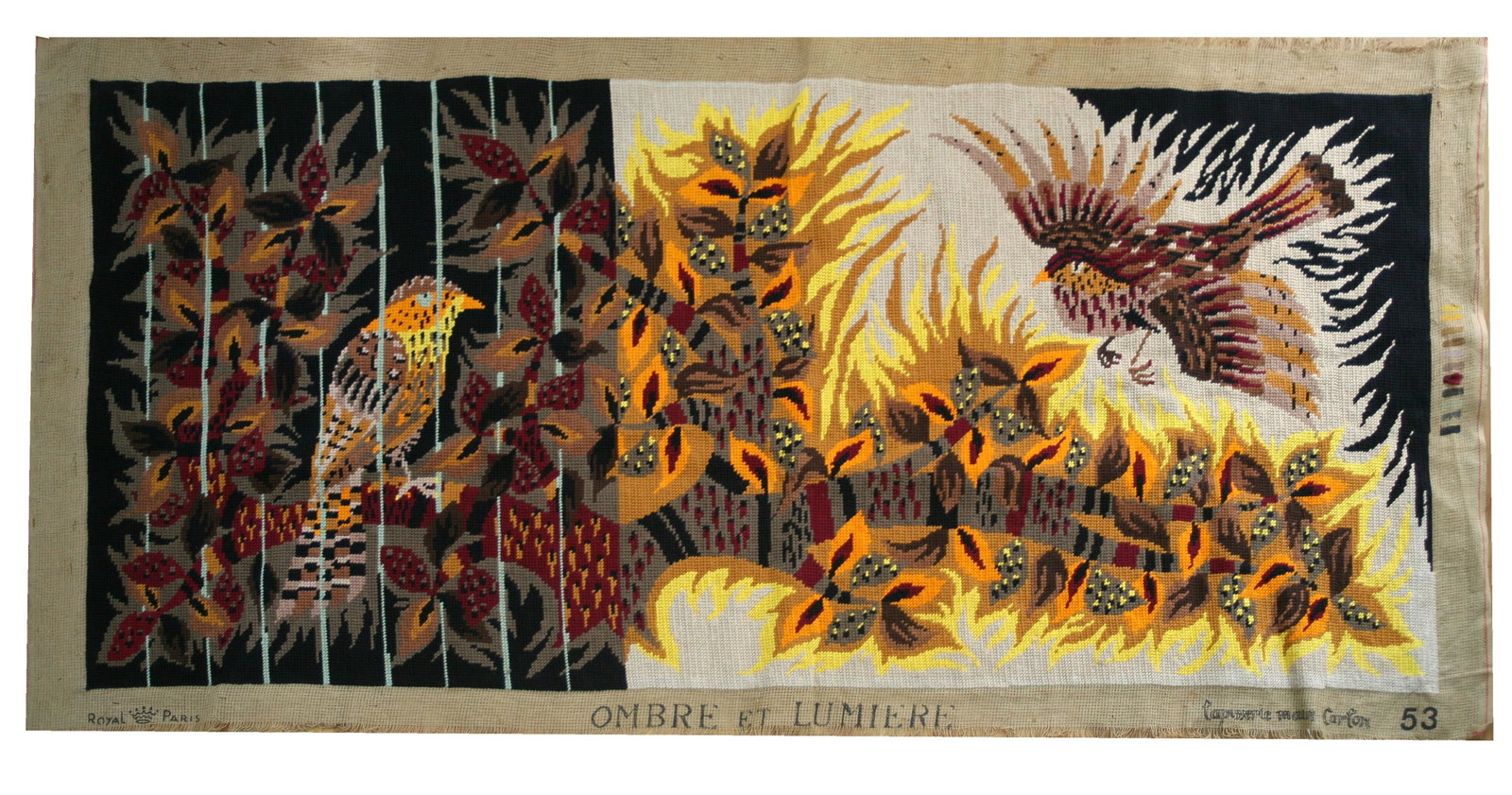 FRENCH TAPESTRY JEAN LURCAT STYLE MODERNIST AUBUSSON: Made in France in the 1950 this wool " petit point " reflect the democratic desire of that time to produce affordable art . Neo fantastic and influenced by art nouveau movement Lurcat tapestry use the